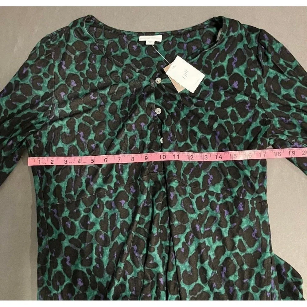 NWT J.Jill Medium Green Black Leopard Print Maxi Shift Dress Long Sleeve Size M
